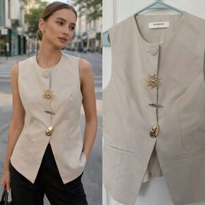 COMMENSE Sleeveless Linen Blend Blazer Asymmetric Gold Buttons Size L
